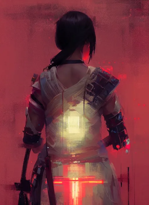 Image similar to female samurai girl, neon, rule of thirds, intricate outfit, spotlight, by greg rutkowski, by jeremy mann, digital painting