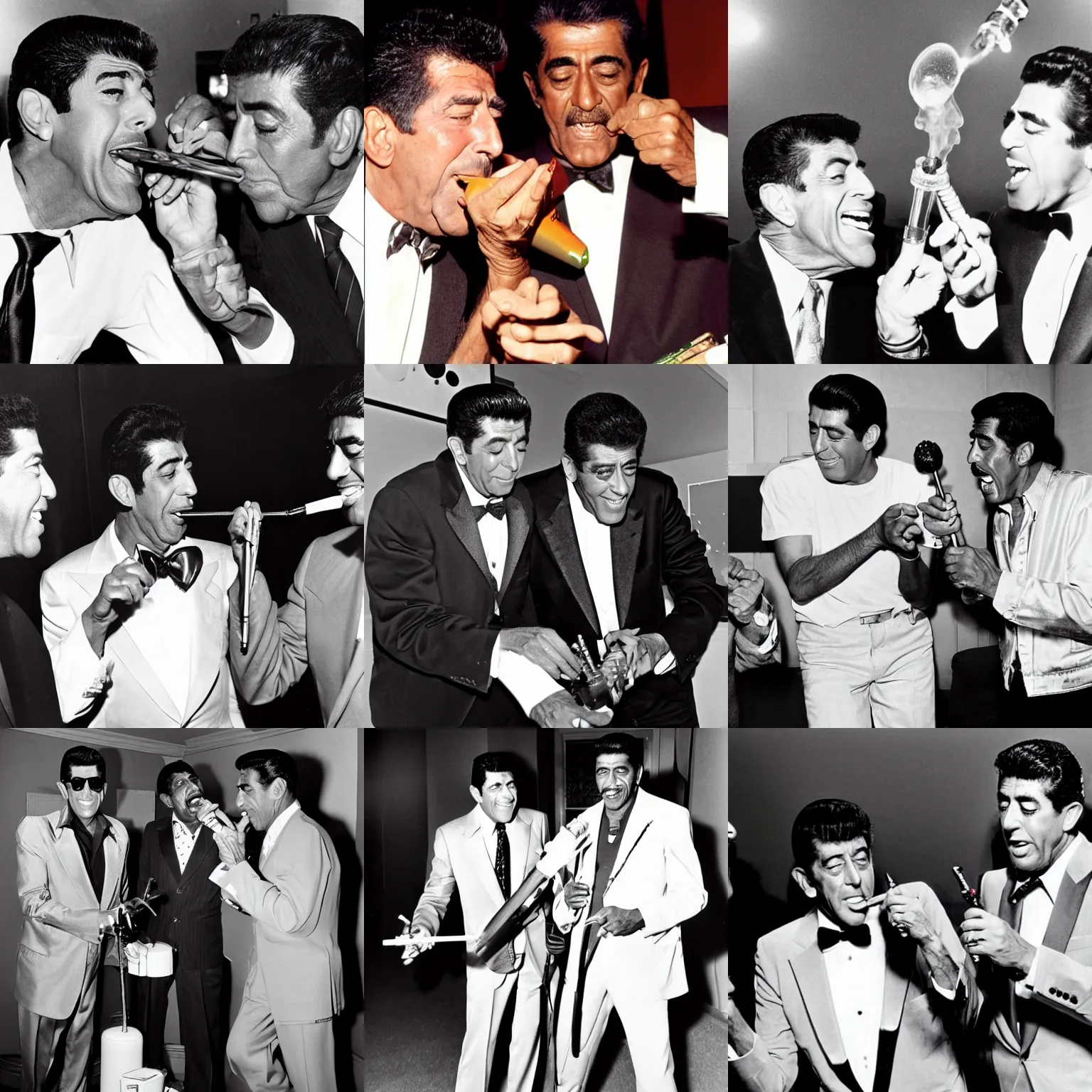 Prompt: jerry lewis dean martin and sammy davis jr doing bong hits in vegas