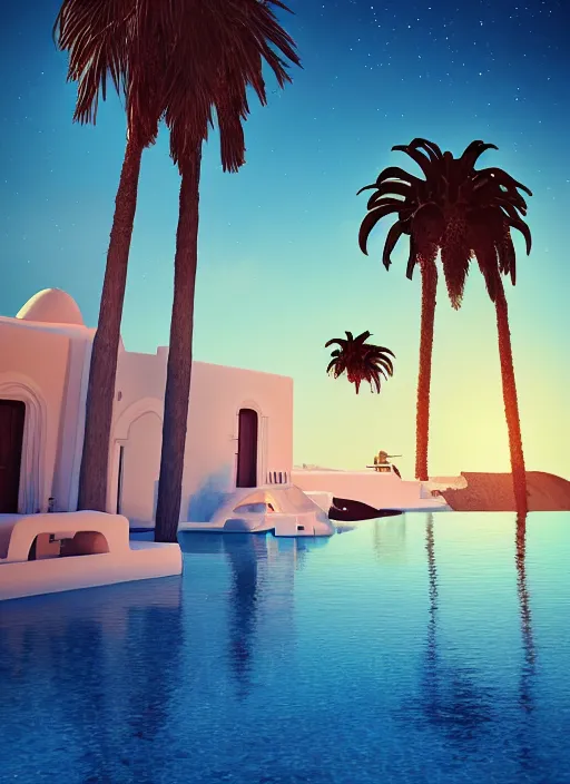 Image similar to ✈, Art Deco, in SANTORINI island, palm trees, crystal clear neon water, starry night, Trending artstation, octane render, cgsociety, surrealist, cinematic, shadow of the tomb rider