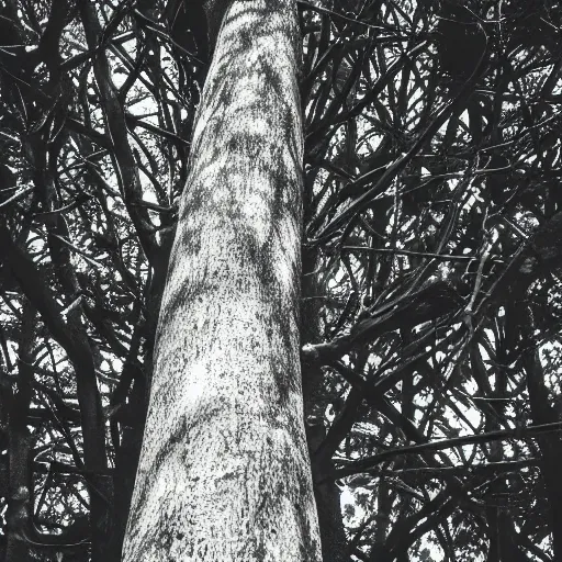 Image similar to a black and white photograph of a tree with blue leaves growing on it.