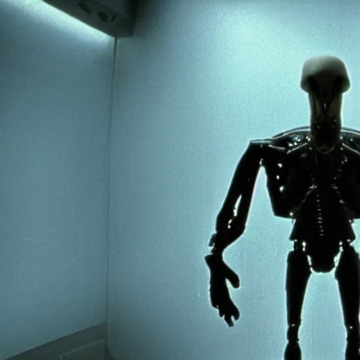 Image similar to movie still of a alien cyborg, cinematic composition, cinematic light, criterion collection, by edgar wright and david lynch,