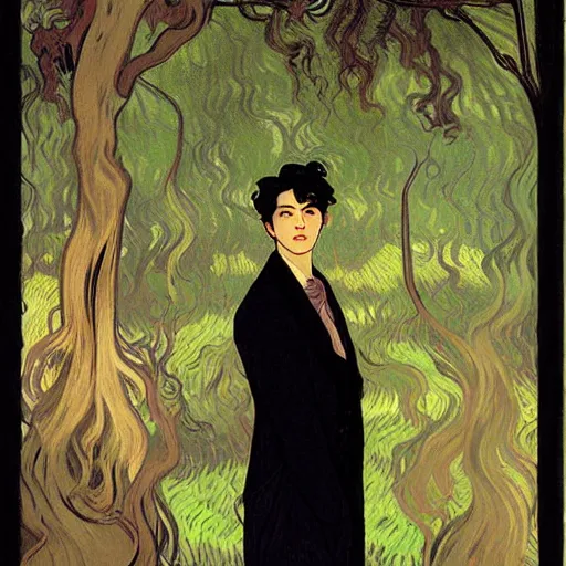 Image similar to painting of young cute handsome beautiful dark medium wavy hair man in his 2 0 s named shadow taehyung and cute handsome beautiful min - jun together at the graveyard party, ghostly, haunted gravestones, ghosts, autumn! colors, elegant, wearing suits!, clothes!, clear, delicate facial features, art by alphonse mucha, vincent van gogh, egon schiele