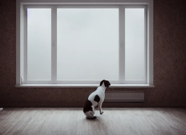 Image similar to photography of a Jack Russel . watching outside the window. on a bed .in a 3d rendered white room. octane render, 3d, foggy, volumetric light, volumetric fog, photorealistic, unreal engine 5, award winning photo, 100mm, sharp, cloth, high res