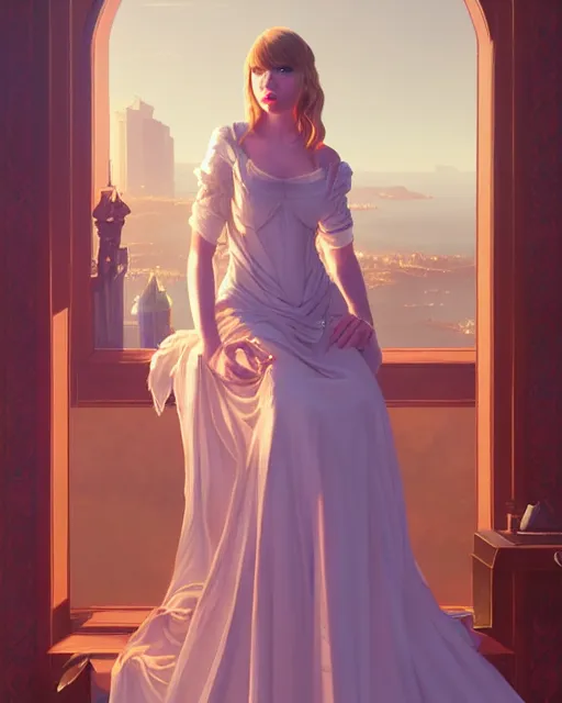 Image similar to portrait of taylor swift as an elegant renaissance goddess, in gta v, stephen bliss, unreal engine, by greg rutkowski, loish, rhads, makoto shinkai and lois van baarle, ilya kuvshinov, rossdraws, global illumination, radiant blue light!!, detailed and intricate environment