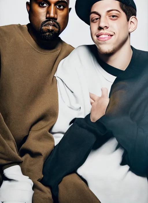 Image similar to portrait of kanye west and pete davidson, for vogue magazine, by charlotte grimm, natural light, detailed face, beautiful features, symmetrical, highly detailed, highly realistic, high resolution, canon eos c 3 0 0, ƒ 1. 8, 3 5 mm, 8 k, medium - format print, half body shot