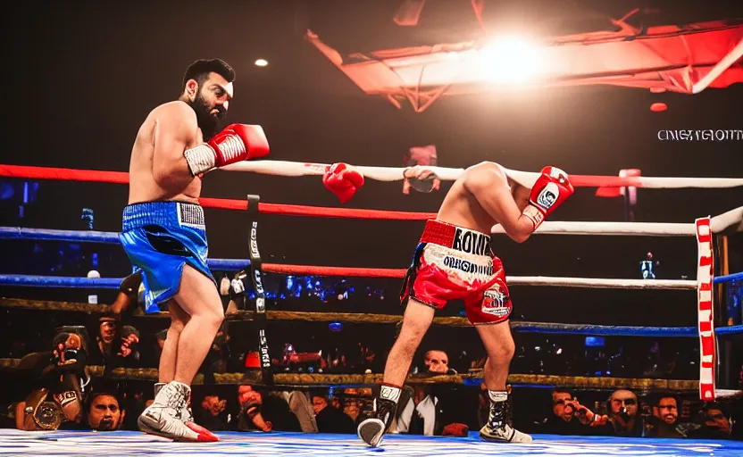 Image similar to landscape photography of a boxing match between rohit sharma & virat hohli in the ring, ultra realistic, highly detailed, canon 3 5 mm photography