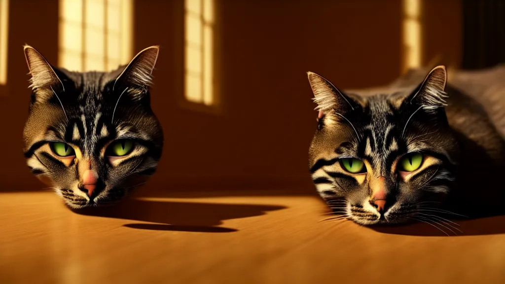 Image similar to an average american cat in the living room, film still from the movie directed by Denis Villeneuve with art direction by Salvador Dalí, wide lens