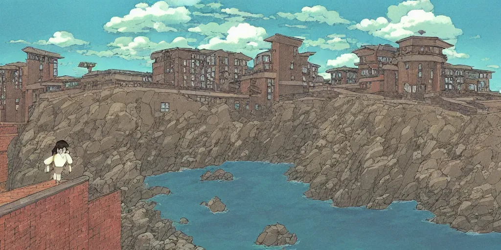 Prompt: A college built from dark bricks on a low cliff above the ocean, art by Hayao Miyazaki, art by Studio Ghibli, anime