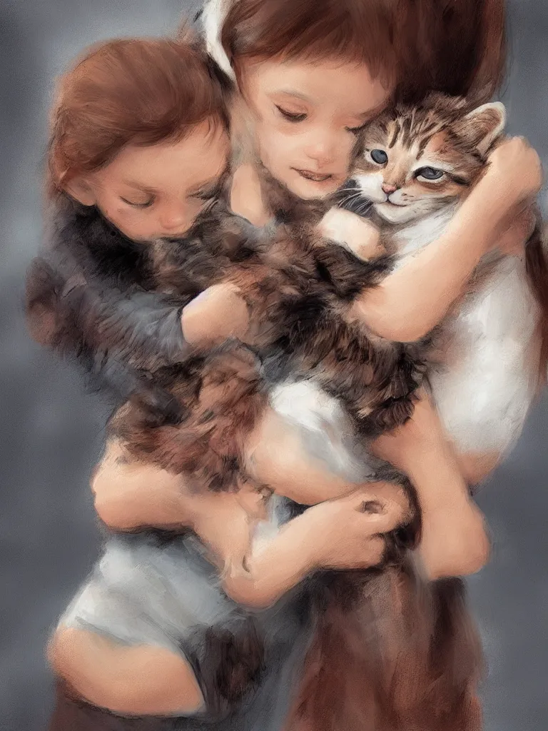 Image similar to girl hugging kitten by disney concept artists, blunt borders, rule of thirds