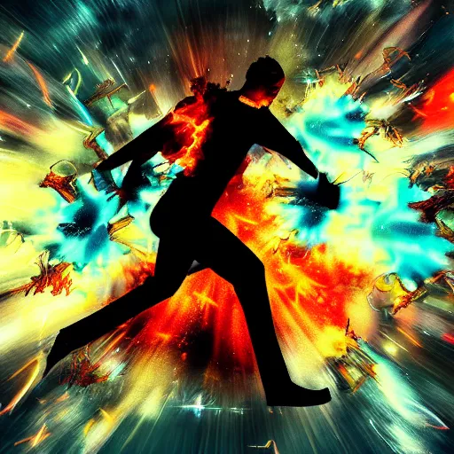 Image similar to man hitting the ground creating a explosion, anime, album cover, musical notes