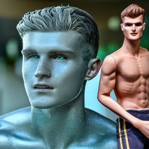 Image similar to a realistic detailed photo of a guy who is an attractive humanoid who is half robot and half humanoid, who is a male android, soccer player timo werner, shiny skin, posing like a statue, blank stare, by the pool, on display, showing off his muscles, humanoid robot, frozen ice statue, made of ice