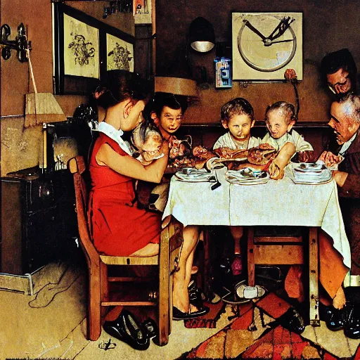 Image similar to norman rockwell painting of a family eating dinner