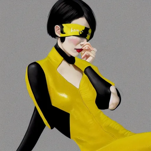 Image similar to slim girl in yellow snake skin tuxedo and black leather gloves with short black hair and with black eye patch, elegant, 2d, ultra highly detailed, digital painting, smooth, sharp focus, artstation, art by Ilya Kuvshinov