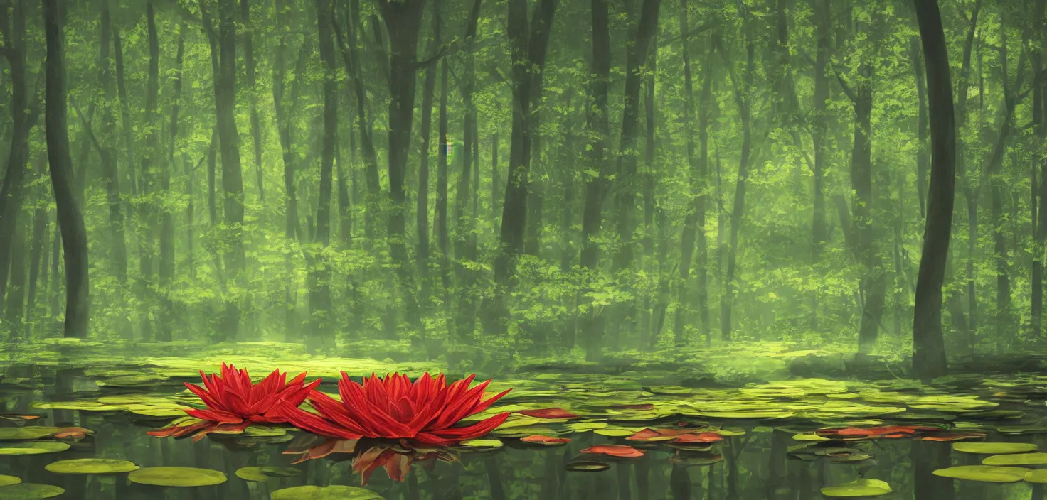 Image similar to a forest atmosphere floating on a large lily pad, photoillustration ink drawing acrylic art digital illustration oil on canvas photorealistic polished sci - fi filmic stock photo landscape polished photorealistic, by moebius and edward hopper, vivid bright light, colorful flat surreal design, hd, 4 k, artstation