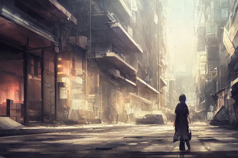 Prompt: dystopian empty street, by wlop, poster, anime key visual,