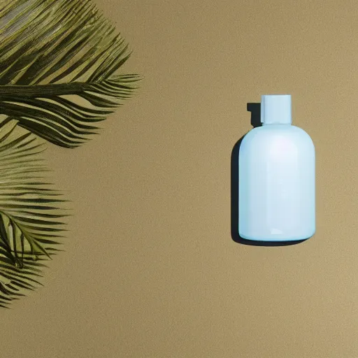 Prompt: perfume bottle standing in splashing tropical sea foam, surrounded by leafy trees, light pastel blue sky and clouds in the background, softly - lit, soft - warm, zen, light, modern minimalist f 2 0 clean
