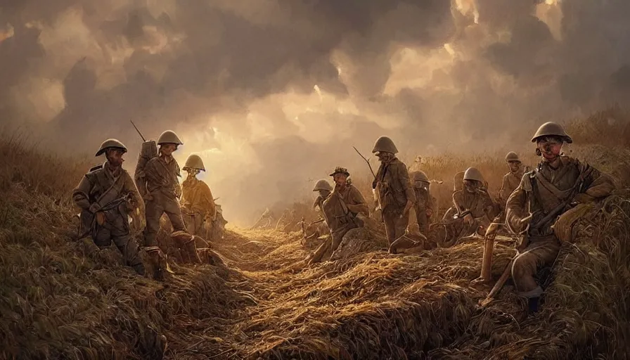 Image similar to beautiful digital painting of a group of barley surviving soldiers in a trench waiting for the war to end. cinematic lighting and rendering, atmospheric, concept art by artgerm and greg rutkowski,,