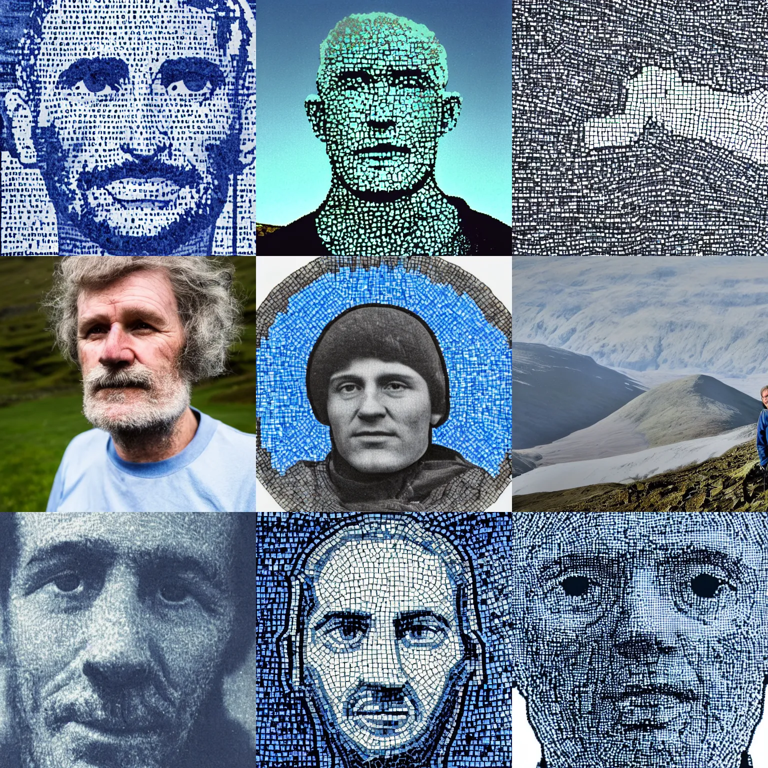 Prompt: blue - and - white image of dan digrefften the last lakeland fells wainwright, whose dna is a mosaic of 1 2 people