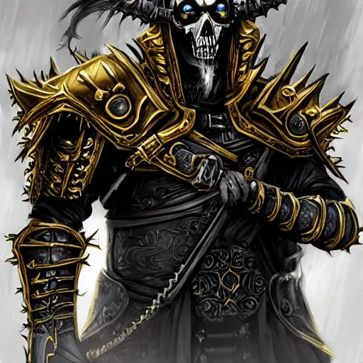 lich king wearing black and gold armor with skulls and | Stable Diffusion