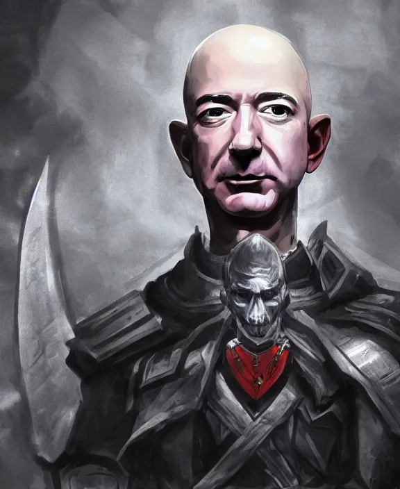 Image similar to a grimdark fantasy concept art portrait of jeff bezos sitting on a dark and evil throne