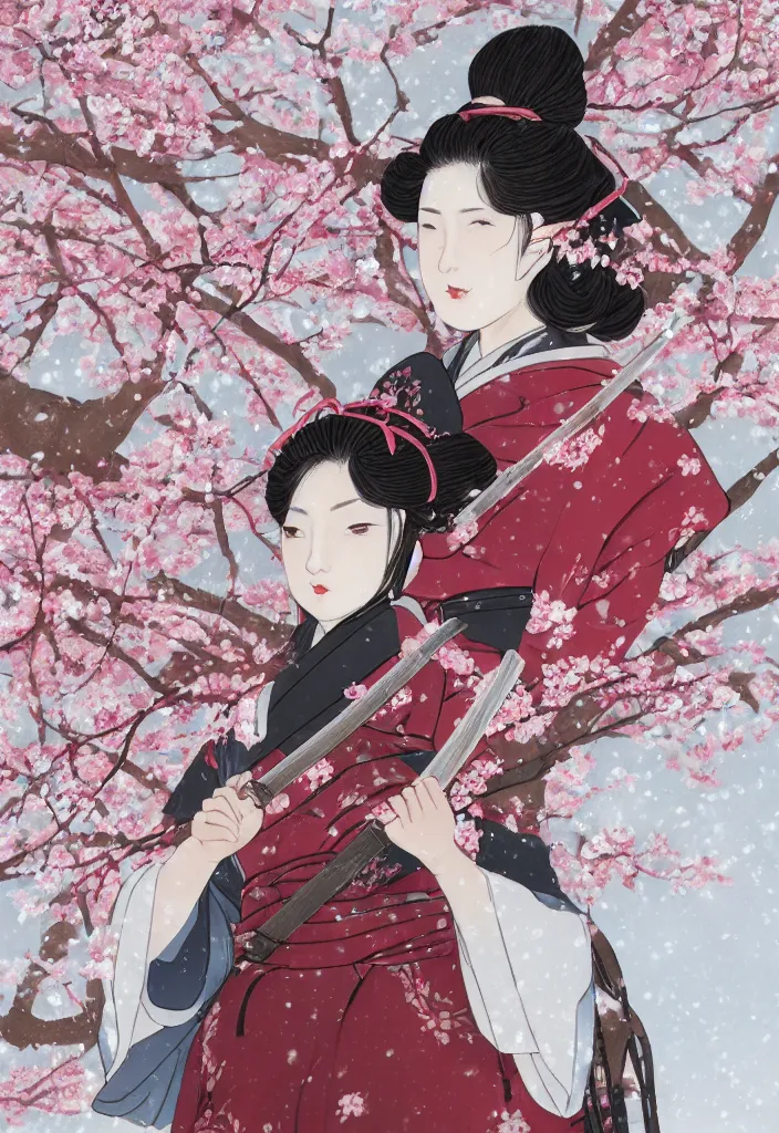 Image similar to detailed portrait of girl samurai in hakama with swords and rifles, in snow forest sakura cherry blossom, taisho roman, trending on artstation, elite, elegant, luxury, perfect face, fine details, realistic shaded, fine - face, pretty face