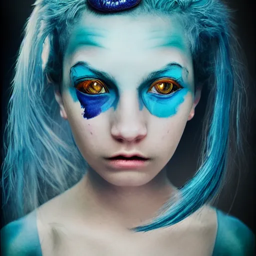 Prompt: dragon girl, portrait of young girl half dragon half human, dragon girl, dragon skin, dragon eyes, dragon crown, blue hair, long hair, highly detailed, cinematic lighting, by Lars Von Trier