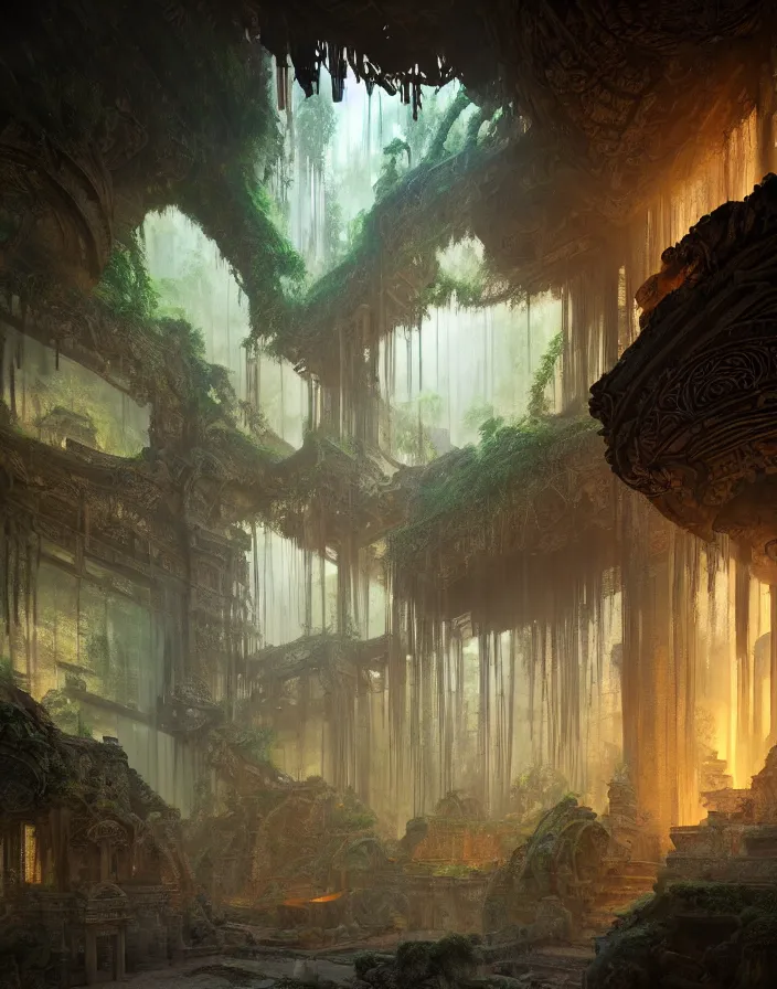 Prompt: The interior of an mystical and ancient temple in ruins, jungle, intricate, elegant, volumetric lighting, digital painting, highly detailed, artstation, sharp focus, illustration, concept art, ruan jia, steve mccurry