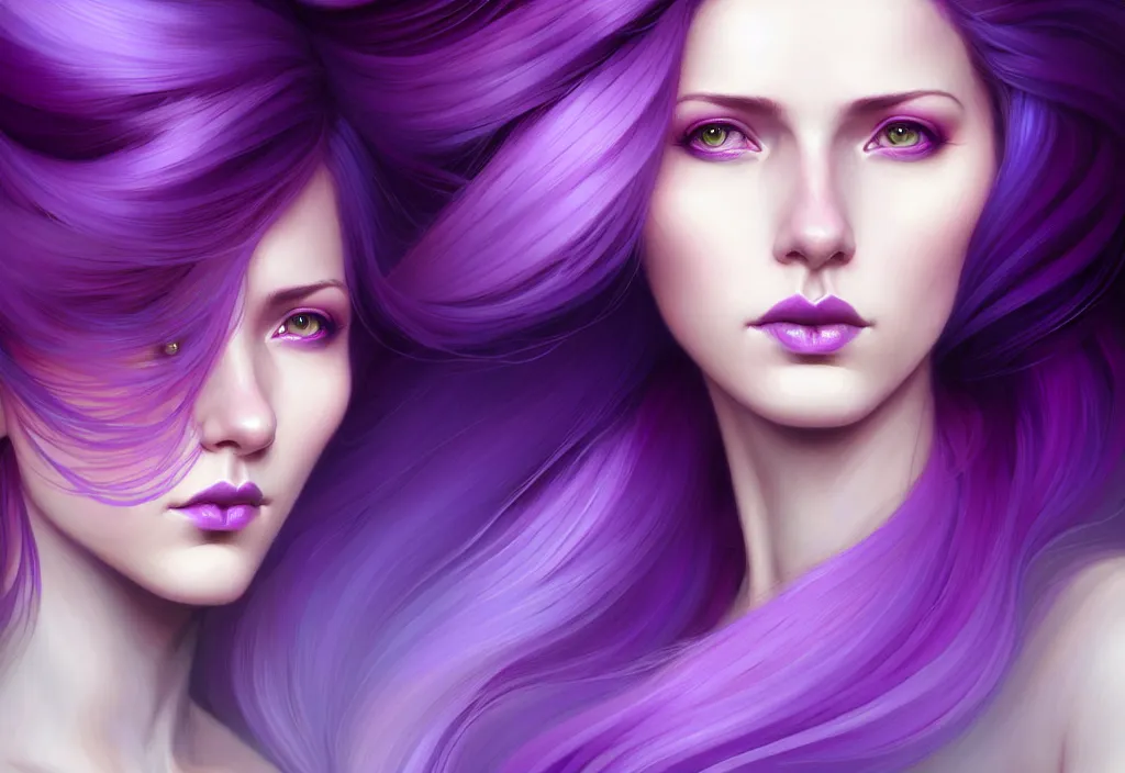 Image similar to Purple hair relistic Portrait of a two woman with bright colored flying hair, all shades of purple. Beauty face, Hair coloring, fantasy, intricate, elegant, highly detailed, digital painting, artstation, concept art, smooth, sharp focus, illustration, art by artgerm and greg rutkowski and alphonse mucha