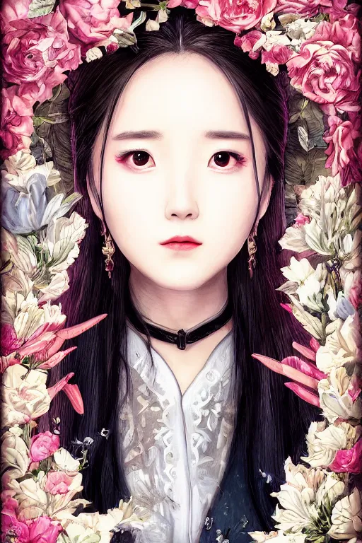 Image similar to Portrait of a Beautiful IU from Hotel del Luna as a ninja, unreal engine, detailed face, rule of thirds, captivating and enticing, , by James Jean