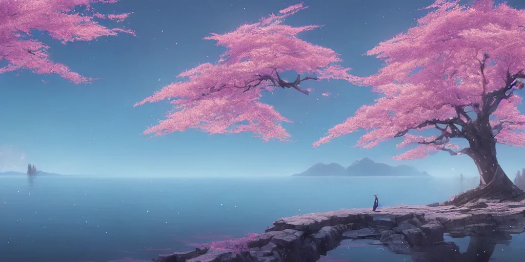 Prompt: a single sakura tree upon a lake, viewed from a distance, stephen bliss, unreal engine, illustration, fantasy art by greg rutkowski, loish, rhads, ferdinand knab, makoto shinkai and lois van baarle, ilya kuvshinov, rossdraws, tom bagshaw, global illumination, radiant light, detailed and intricate environment