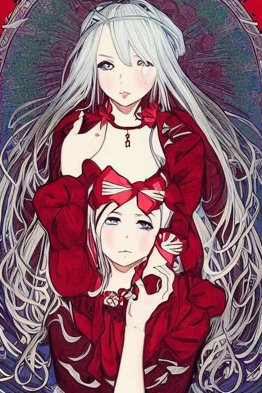 Prompt: Anime girl with chin length white hair, wearing red gothic lolita clothing, trending on Instagram, digital drawing, colored manga panel, art by Alphonse Mucha
