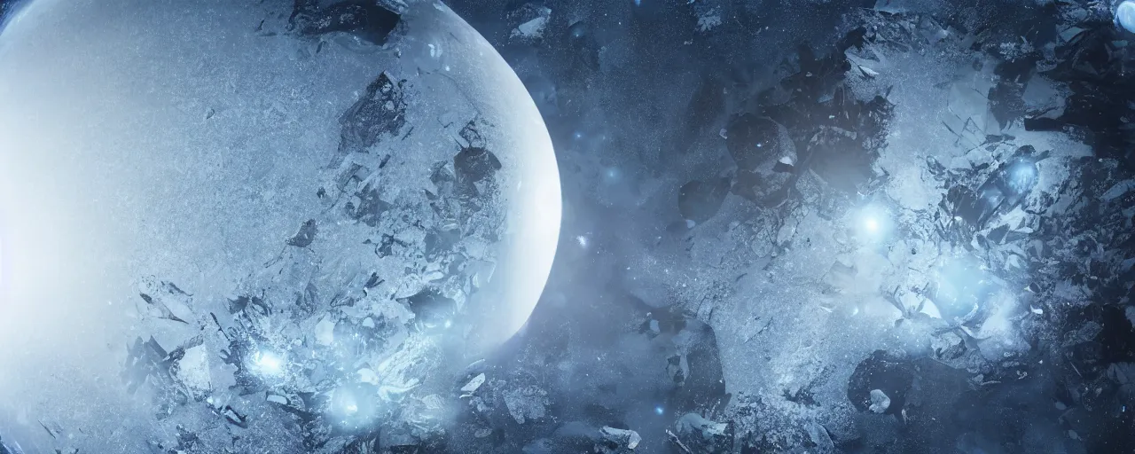 Image similar to ” outer planet covered in ice, [ by wlop, cinematic, detailed, epic, widescreen, opening, establishing, mattepainting, photorealistic, realistic textures, octane render ] ”