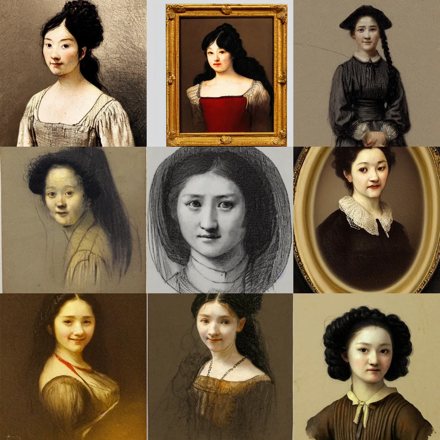 Prompt: a sadly smiling black haired, young hungarian servant girl from the 19th century who looks very similar to Lee Young Ae with a two french braids, detailed, sketch by Rembrandt, Csók István and da Vinci
