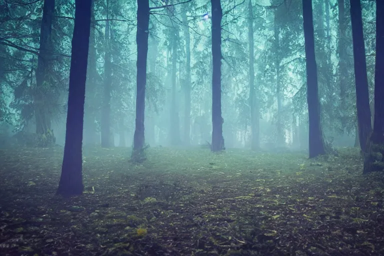 Prompt: huge glowing lazuli mystical crystal inside a dark foggy forest, surrounded by a few other glowing crystals