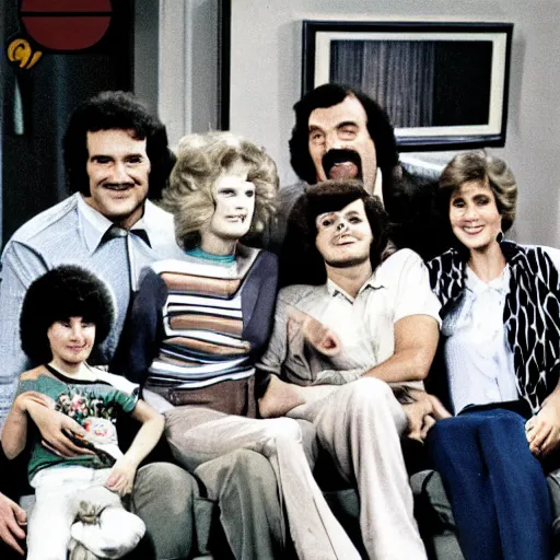 Image similar to vintage 1 9 8 0's sitcom, a happy photogenic family and a large giant evil wet slimy detailed monstrous creature inside a 1 9 8 0's sitcom living room