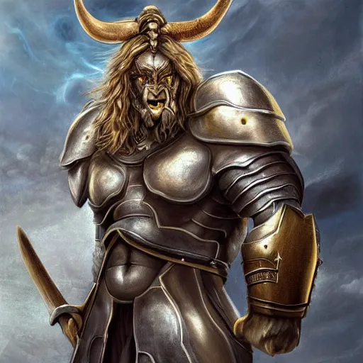 Prompt: Giant minotaur humanoid beast warrior with two handed axe, heavy white and golden armor, impressive horns, long mane, full body, muscular, dungeons and dragons, hyperrealism, high details, digital painting, dark fantasy