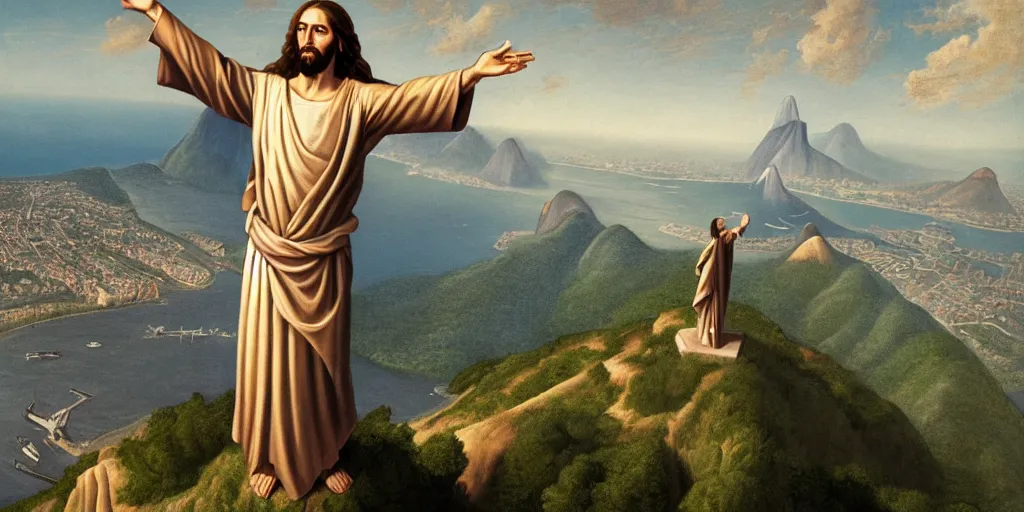 Image similar to a portrait of a humanized version of christ the redeemer