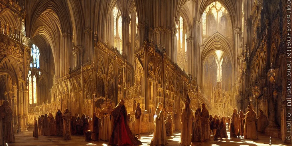 Prompt: inside a giant medieval cathedral, intricate details. highly detailed painting by gaston bussiere, j. c. leyendecker 8 k