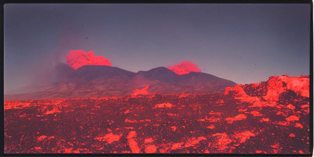 Image similar to polaroid photo of a vulcanic eruption, bright red lava, mountains in the background, clouds in the sky, a lot of smoke