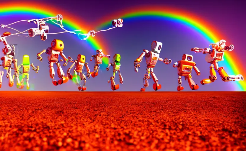 Prompt: crowd of humans and robots running from earth to mars on a rainbow bridge, ultra hd, neon colors