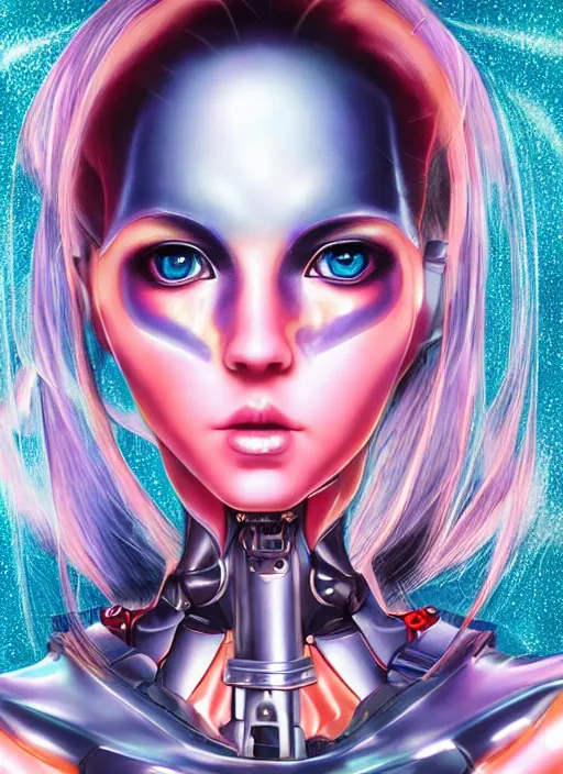 Prompt: beautiful female robot manga portrait with sci - fi makeup, anime 3 d style, chromatic skin, retro armor, eighties look, beautiful lights, vintage look, depth of field, gradients, hyper realistic, illustration, airbrush, 8 k, intricate, duo tone, art by david la chapelle and philip castle, artgerm