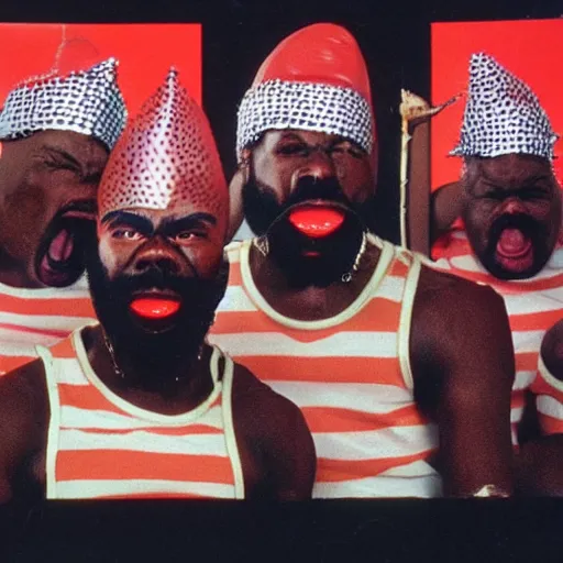 Prompt: melting conehead mr. t band, detailed facial expressions, 1 9 8 0 s aesthetic