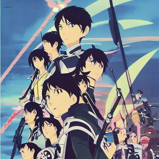 Prompt: film still Poster of Cyber pirate parade by Dice Tsutsumi, Makoto Shinkai, Studio Ghibli, playstation 2 printed game poster cover, cover art, poster, poster!!!