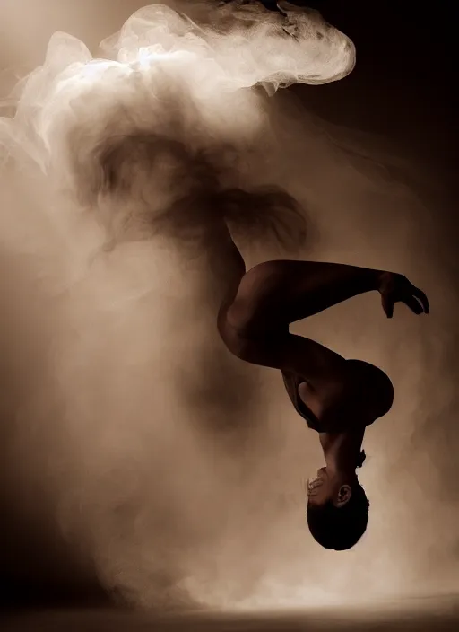 Image similar to a Photorealistic dramatic hyperrealistic render of a glamorous beautiful Female smoke dancer with perfect human form by Ken Brower and Deborah Ory of NYC Dance project,Lois Greenfield,Flowing cloth and smoke,Beautiful dynamic dramatic dark moody lighting,volumetric,shadows,cinematic atmosphere,Octane render,8K