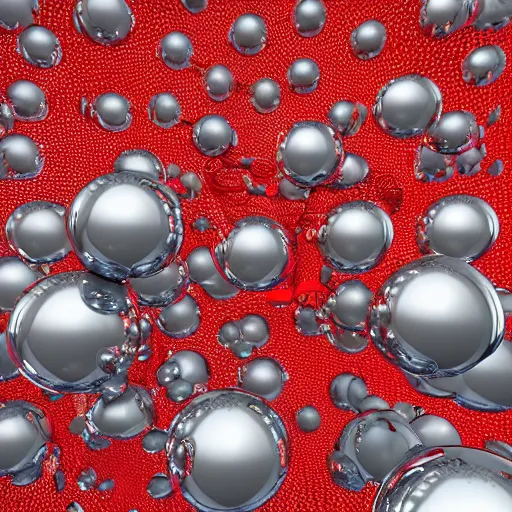 Prompt: chrome spheres on a red cube by benjamin chee chee