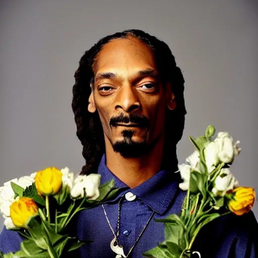 Prompt: Snoop Dogg holding a Vase of flowers for a 1990s sitcom tv show, in style of Julia Margaret Cameron, Studio Photograph, portrait, C 12.0