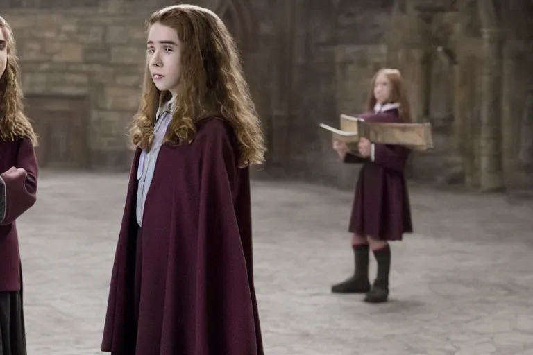 Image similar to film still Milly Bobby Brown as Hermione Granger wearing hogwarts uniform in Harry Potter movie