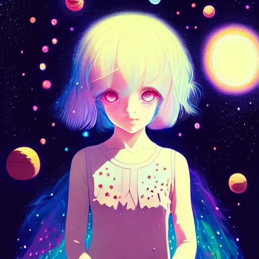 Image similar to The beginning of time, portrait of a beautiful young girl, in hyper detail, dressed in stars and planets, extreme hyper detail, dramatic, fantasy lighting, matte print, digital art, cute smile, beautiful eyes, digital painting, fan art, pixiv, elegant, Ilya Kuvshinov style, Studio Ghibli