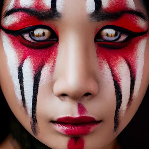 Prompt: portrait of a stunningly beautiful asian tribal female, red facepaint over the eyes in a wide stripe, depth of field, zeiss lens, detailed, symmetrical, centered, fashion photoshoot, by Annie Leibovitz and Steve McCurry, David Lazar, Jimmy Nelsson, Breathtaking, 8k resolution, extremely detailed, beautiful, establishing shot, artistic, hyperrealistic, beautiful face, octane render