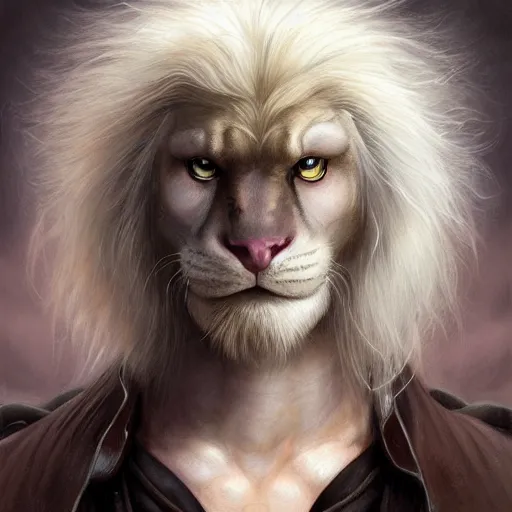 Image similar to portrait, handsome long - haired male anthro albino panther fantasy, rpg game, stern expression, main character, highly detailed, digital painting, artstation, concept art, smooth, sharp focus, illustration, artgerm, tomasz alen kopera, peter mohrbacher, donato giancola, joseph christian leyendecker, wlop, frank frazetta